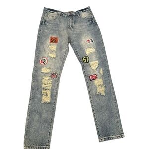 JEANS Men’s Distressed Blue w Patches Streetwear Grunge Sleeze New
